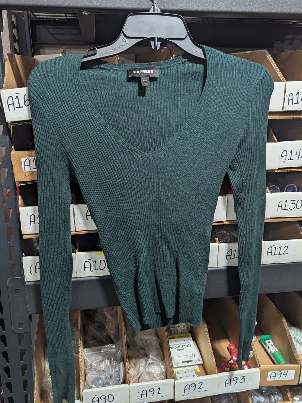Express Women's Forest Green Ribbed V-Neck Long Sleeve Top